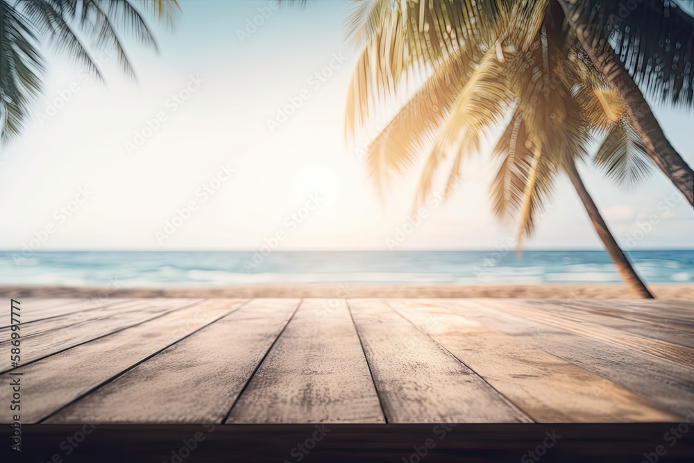 scenic wooden table overlooking the ocean with palm trees. Generative AI
