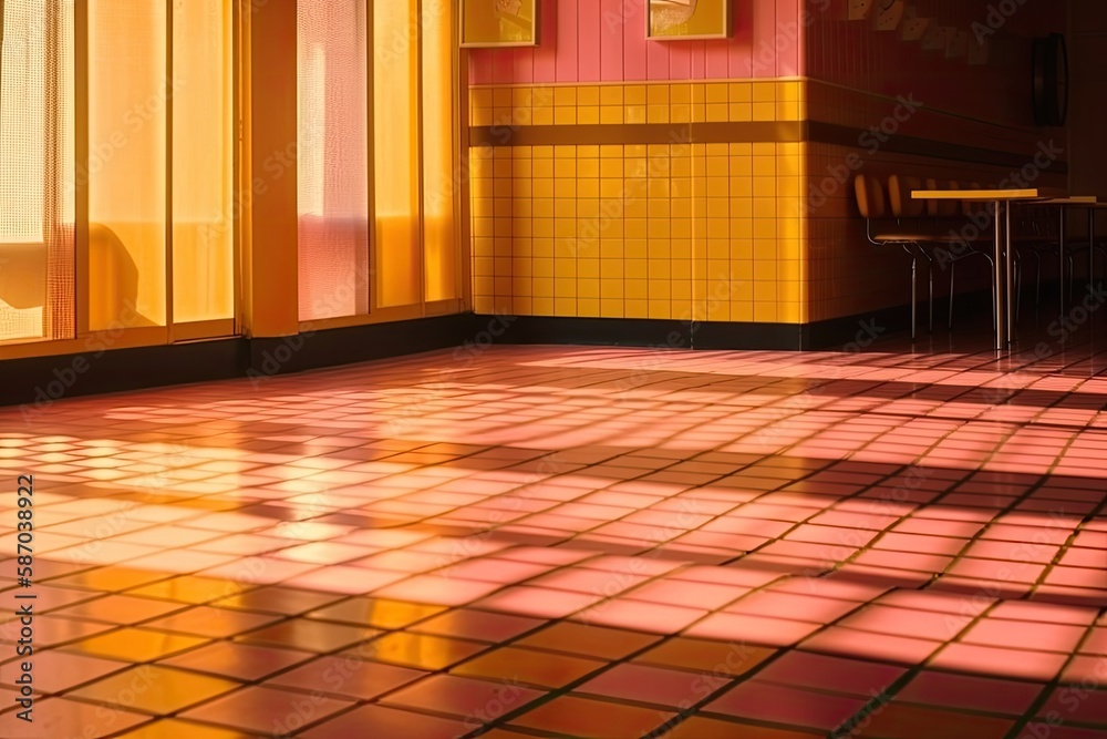 Brightly Colored Room with a Tiled Floor and Yellow Walls. Generative AI