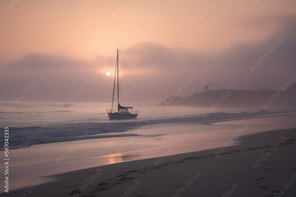  a sailboat on a beach with the sun setting in the background and fog in the air above it, with the 