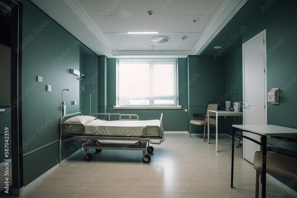  a hospital room with a bed and a table in it and a window in the corner of the room with a light on