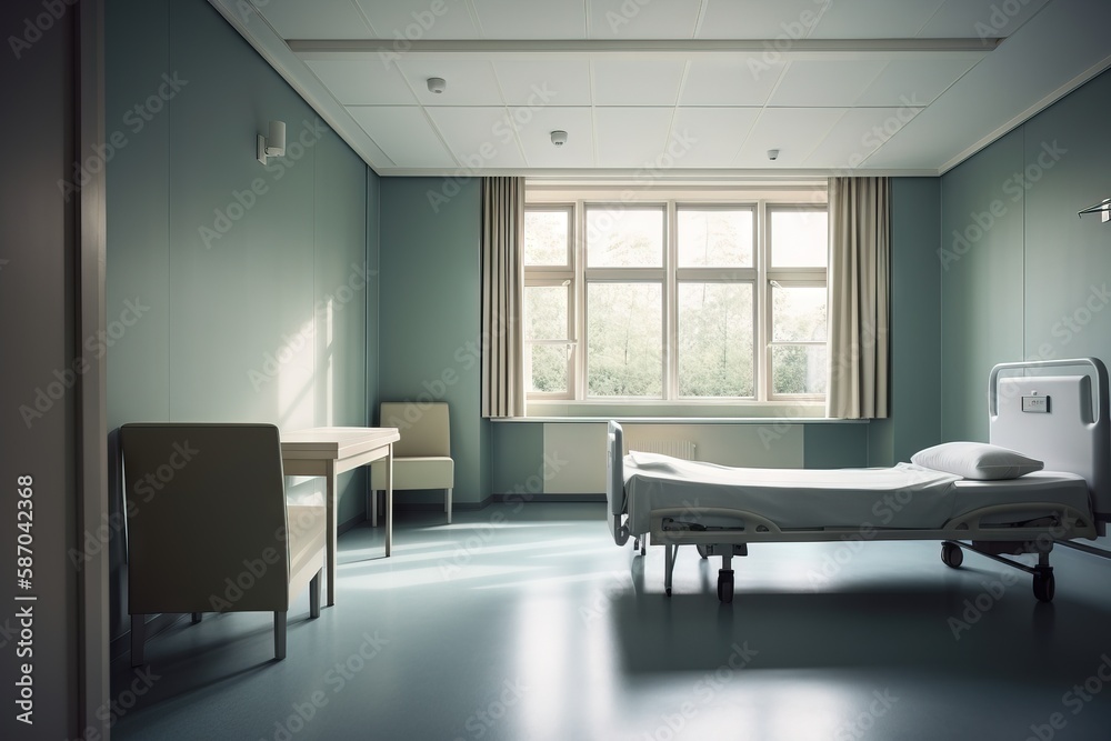  a hospital room with a bed, desk, chair and a window with a view of the outside of the room and out