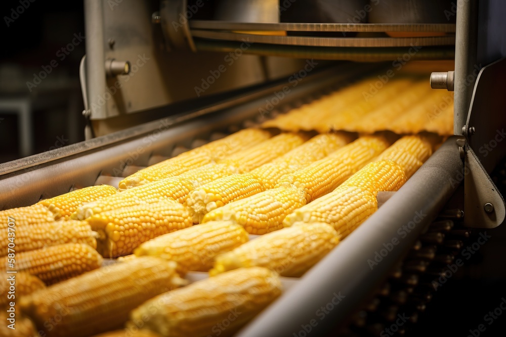  a conveyor belt with corn on the cob being processed in a factory or processing line, with a convey