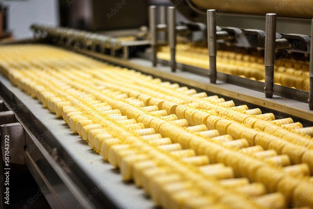  a conveyor belt with corn on the cob in a food processing facility with a conveyor belt in the fore