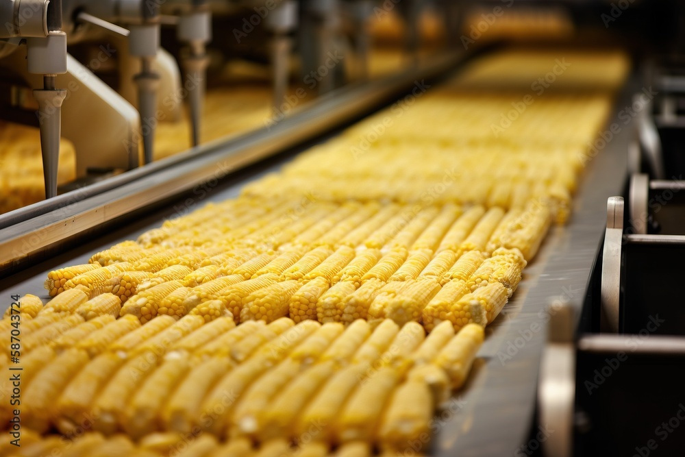  corn on the cob being processed in a factory with a conveyor belt in the foreground and a machine i