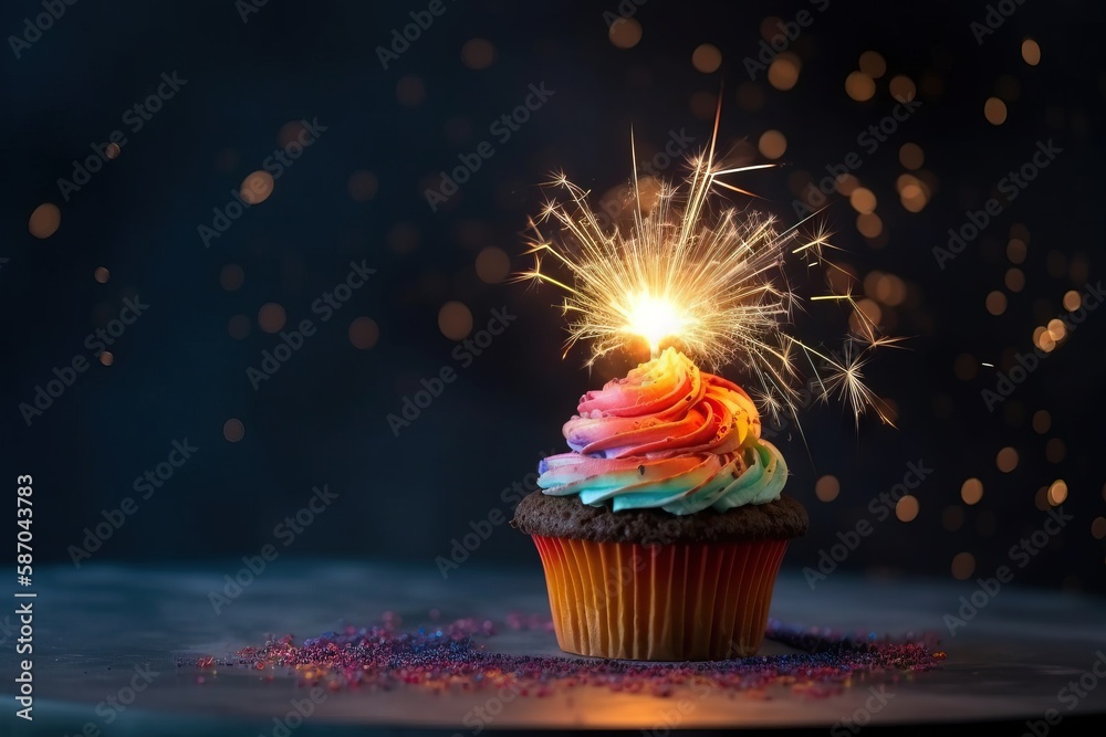 a cupcake with a sparkler on top of it sitting on a table with confetti and sprinkles around it.  g
