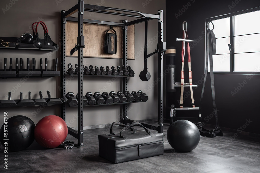  a gym room with exercise equipment and exercise balls and exercise equipment on a rack, and a windo
