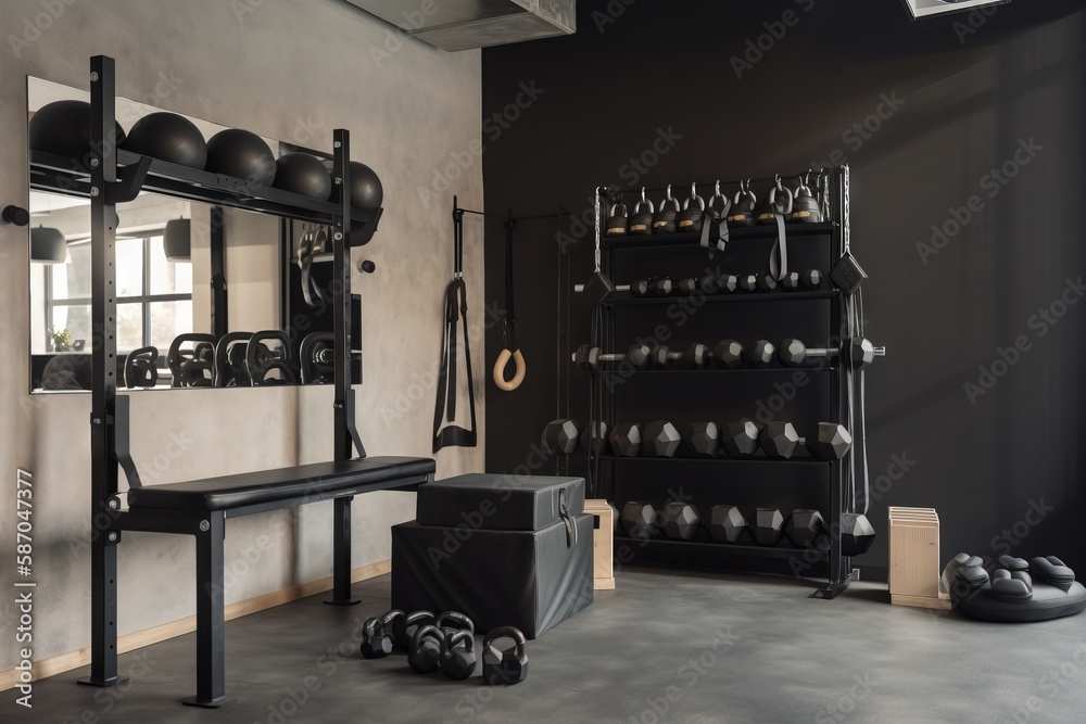  a gym with a bench, exercise balls, and a rack of dumbbells in the corner of a room with a mirror a