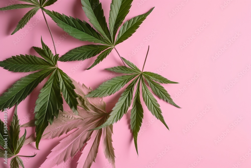  a pink background with a bunch of green leaves on top of each other and a pink background with a fe