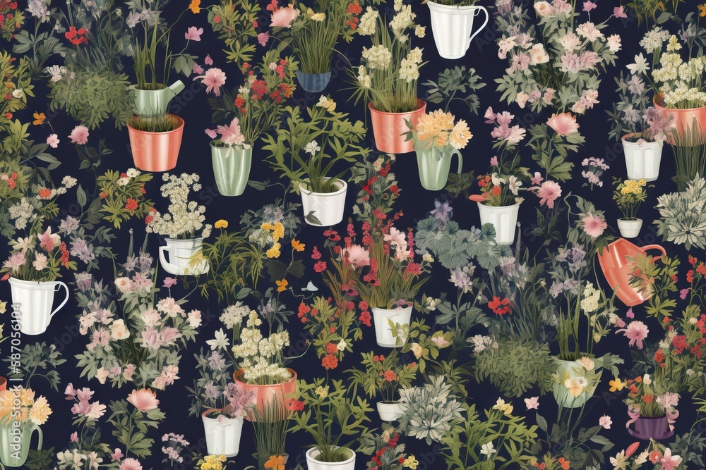  a bunch of flowers that are on a wall next to a cup of water and a mug of tea on a table with a cup