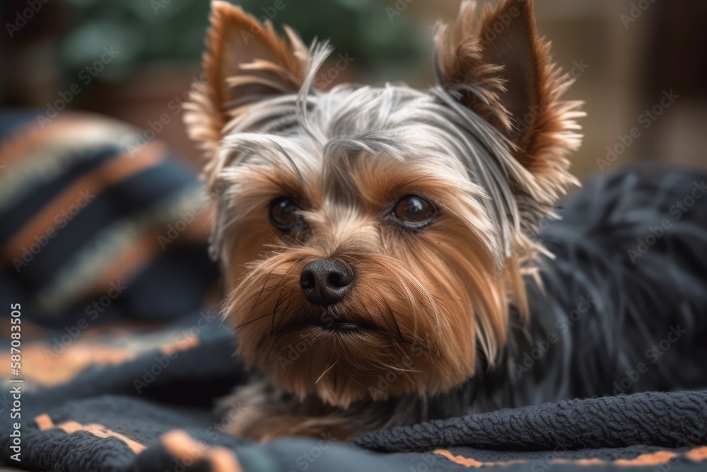 A Yorkshire terrier grooms itself while lying on a blanket. Generative AI