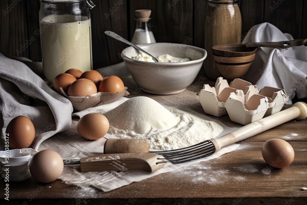 Cake and dough components (eggs, flour, milk, butter, and sugar) being prepared on a white table. Ge