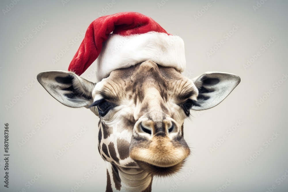 Funny image of a giraffe head wearing a Santa hat on a white background. Generative AI