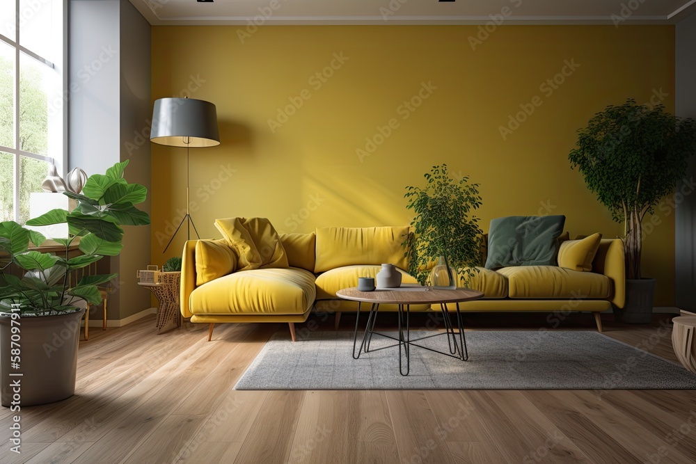 Green plants, a wood floor, and a yellow sofa and end table make up the living area. Generative AI