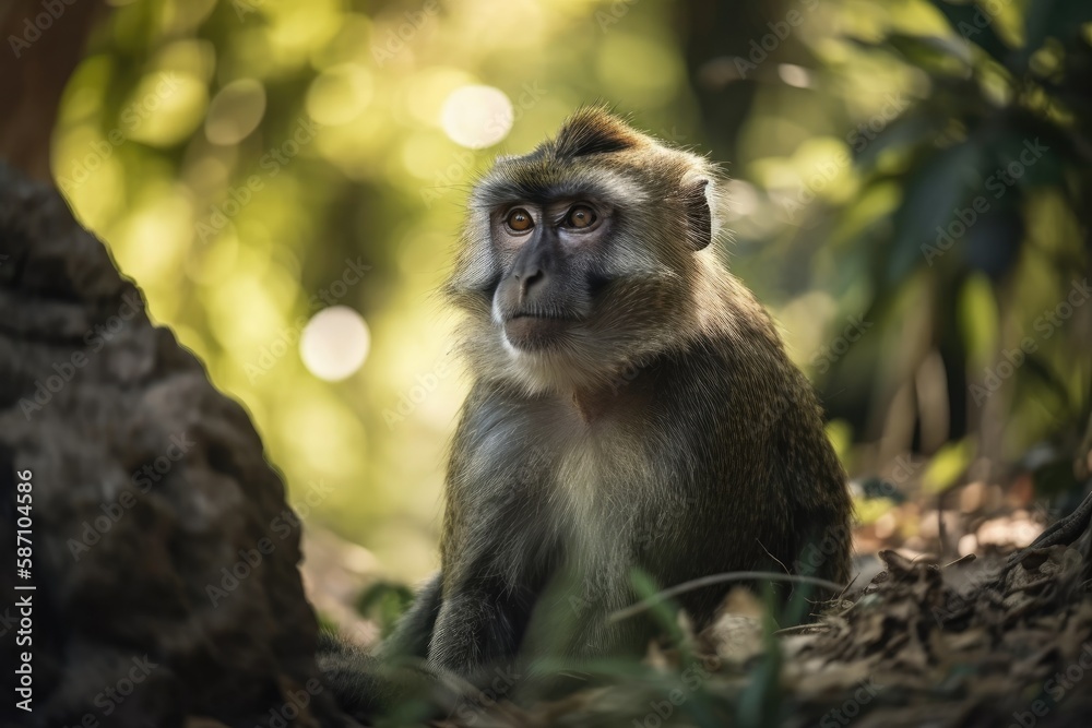 Portrait of a toque monkey (Macaca sinica) seated near a green bush. Generative AI