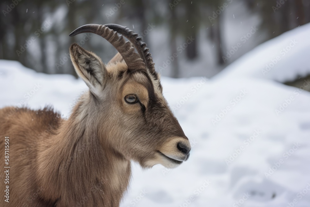 Portrait of a young ibex during the winter season. Generative AI
