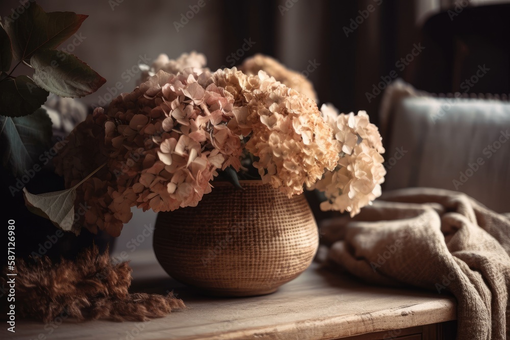 Fall boho still life. Dry hydrangeas in rustic ceramic vase. Blank horizontal greeting card mockup o