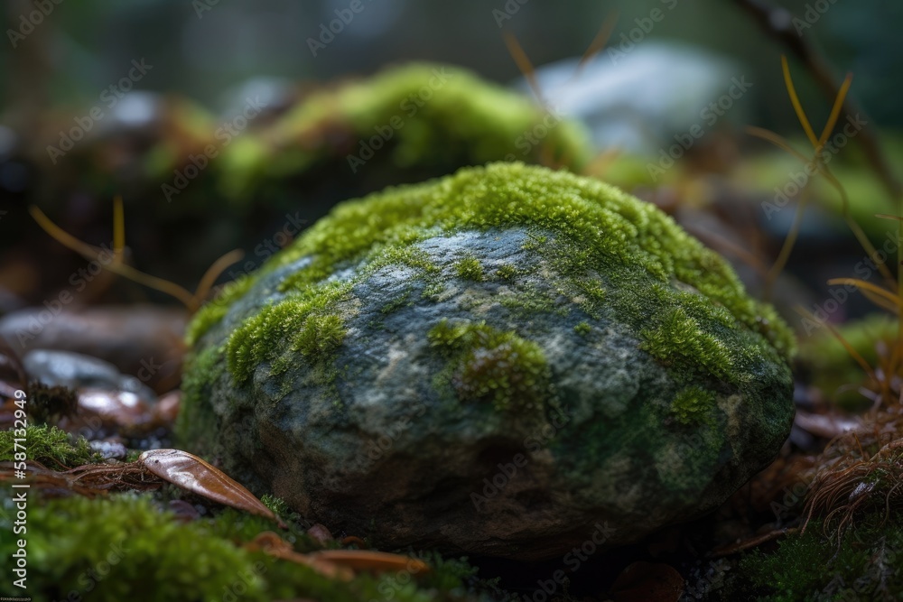 mossy rock resting on a bed of forest leaves. Generative AI