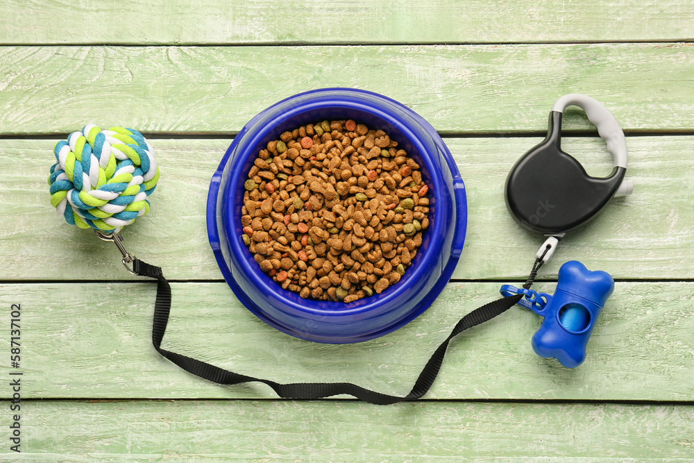 Bowl of dry pet food, leash, waste bags and toy on color wooden background