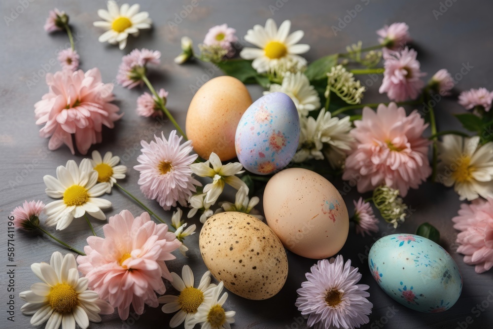 colorful Easter table setting with flowers and eggs. Generative AI