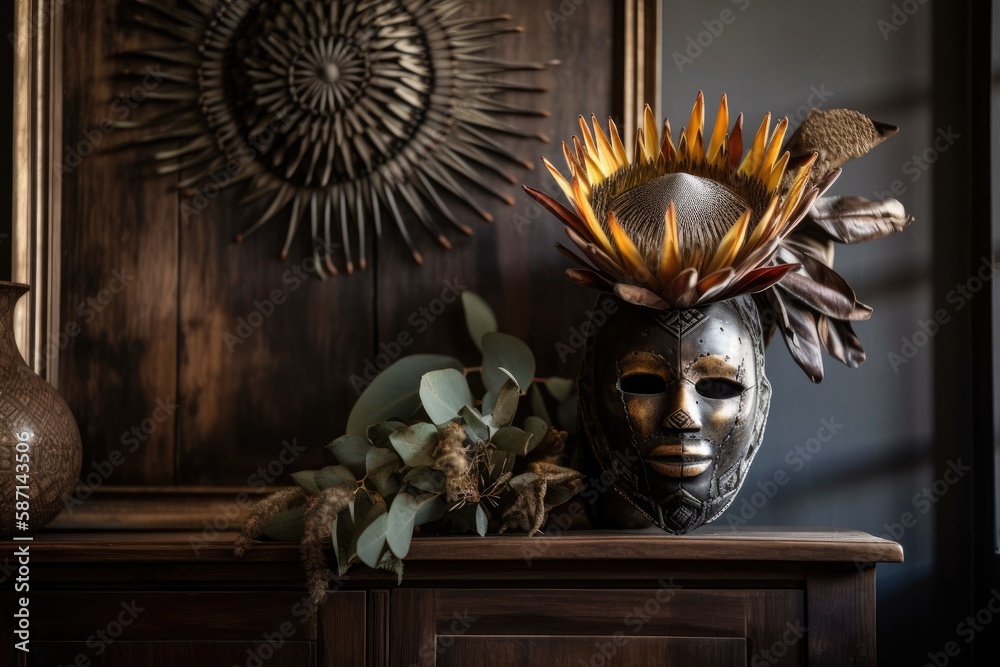 Natural house decor. Close up of traditional African mask on old wooden cabinet against black art pa