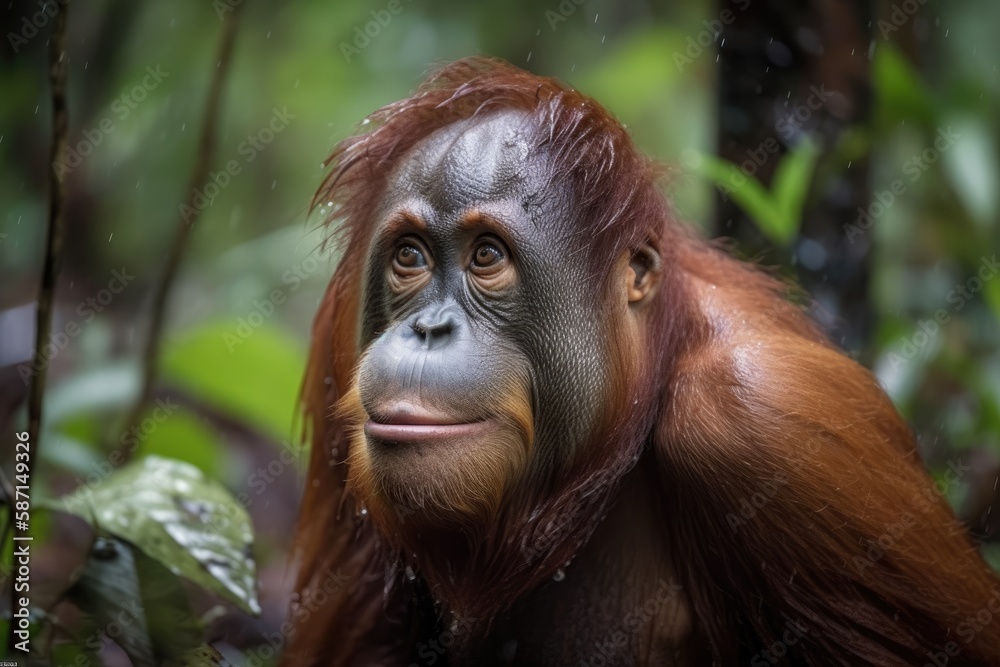 A ferocious mother Orangutan from Borneo in the rainforest. Generative AI