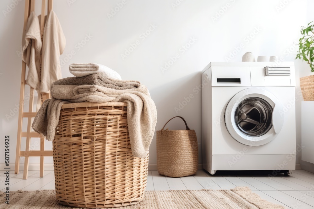 Modern washing machine and laundry basket near white wall, text space. Bathroom interior. Generative
