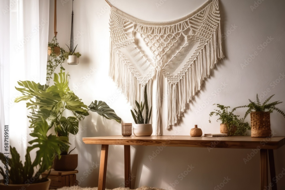 Macrame. White wall decoration with 100% cotton and wooden stick. Cotton threads and macrame. Femini