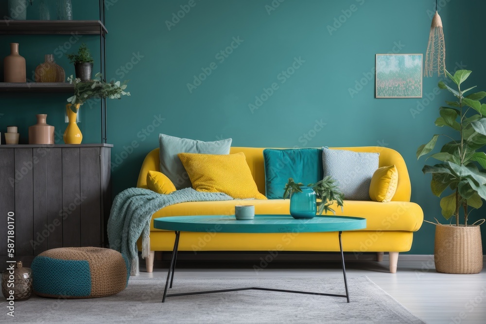 turquoise wall and living room. Grey sofa with yellow blanket and vase of flowers. Study table is on