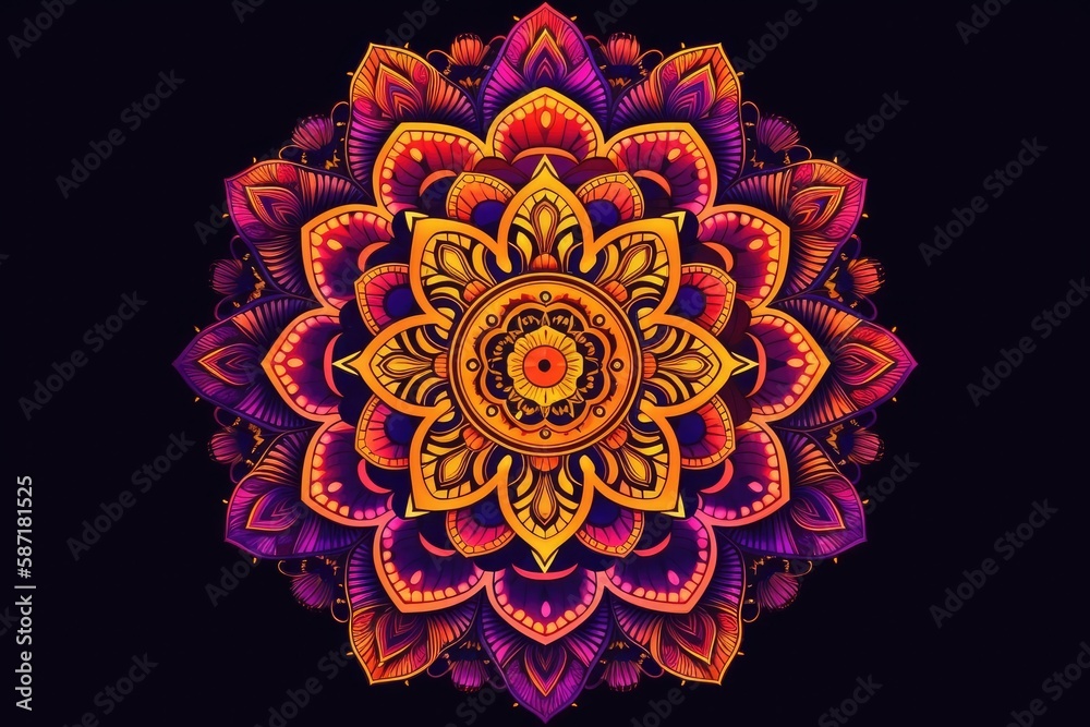 vibrant and colorful flower set against a dark black background. Generative AI