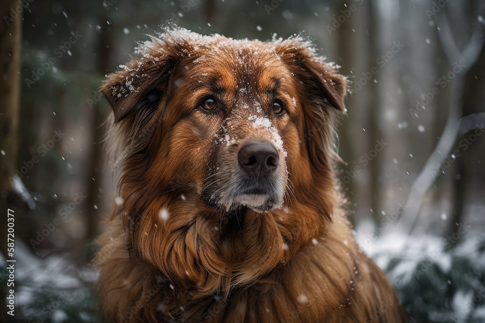 a large, fluffy, brown dog with a snout covered in snow. Generative AI