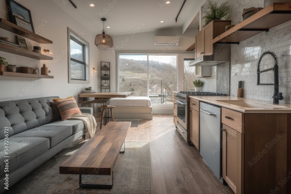 Chattanooga, Tennessee, USA, February 25, 2020 Contemporary living room and kitchen in little house.