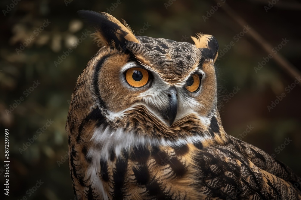Close up of a great horned owl. Generative AI