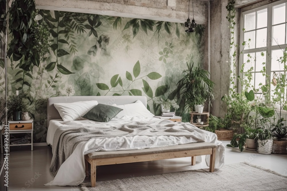 Comfortable white bed, book covered wall, and house plant. Bright boho trendy bedroom morning. Scand