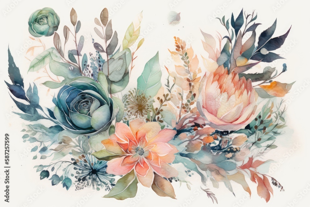 colorful bouquet of flowers painted in watercolor. Generative AI