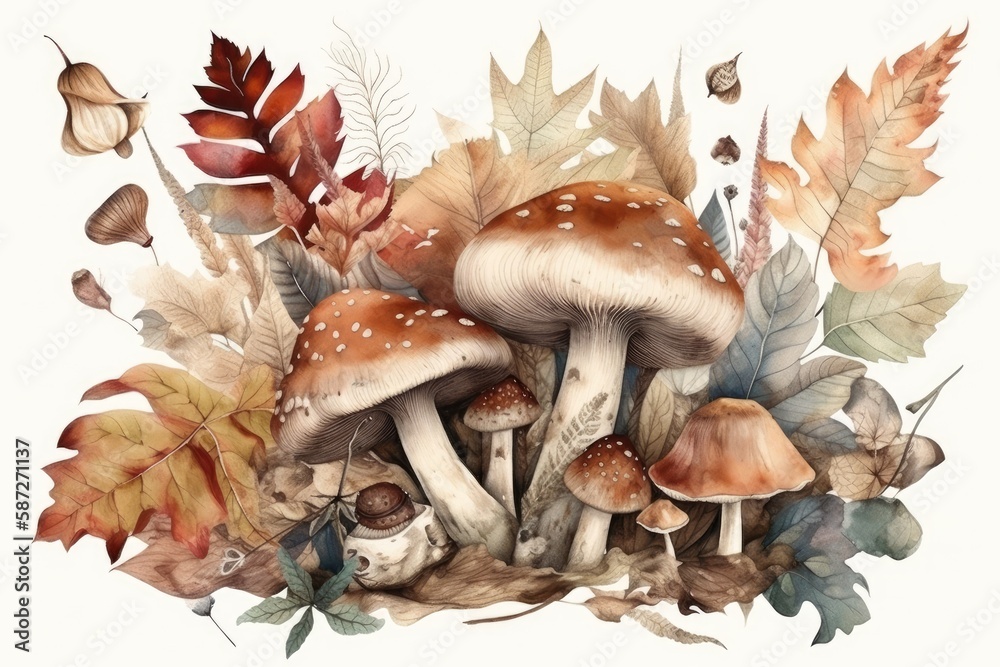 mushrooms growing on a bed of autumn leaves. Generative AI