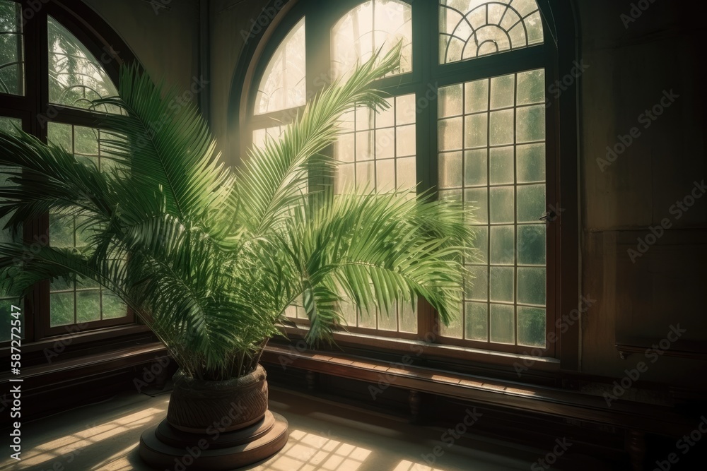green potted plant placed on a windowsill with sunlight coming in. Generative AI