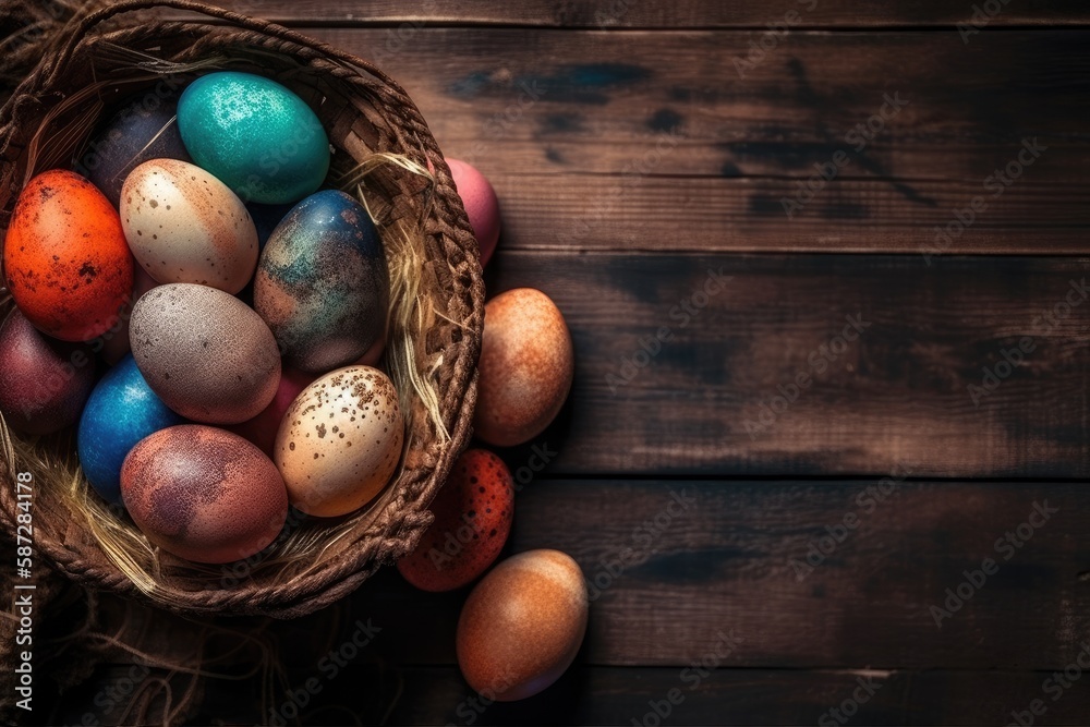 basket filled with brightly colored Easter eggs sitting on a wooden table. Generative AI
