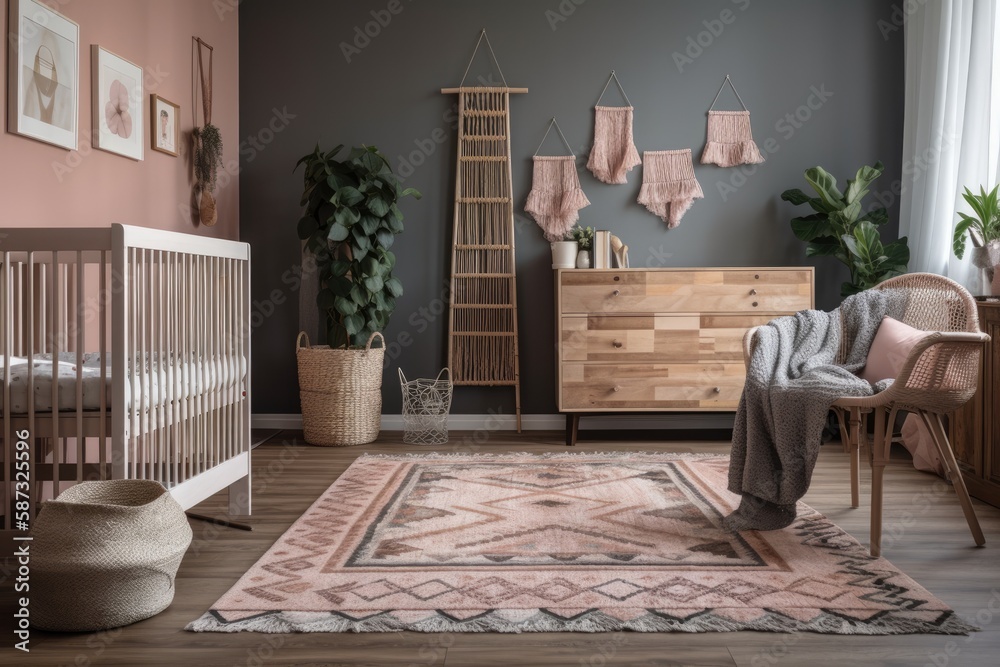 Genuine snapshot of a baby cot between a low cabinet, armchair, lamp, and stool in a childs room wi