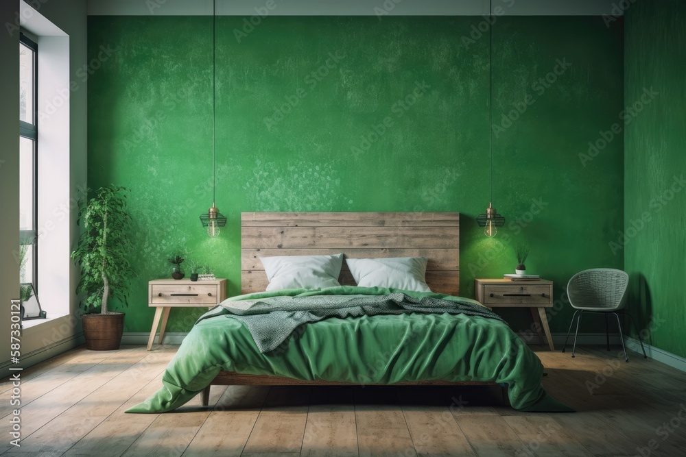 Decorated green bedroom. Generative AI