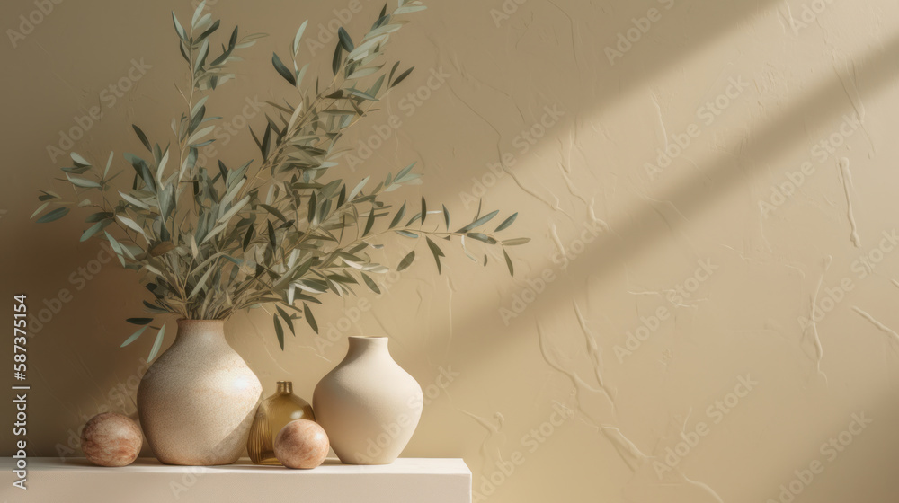 Olive tree branch on beige background. Illustration AI Generative
