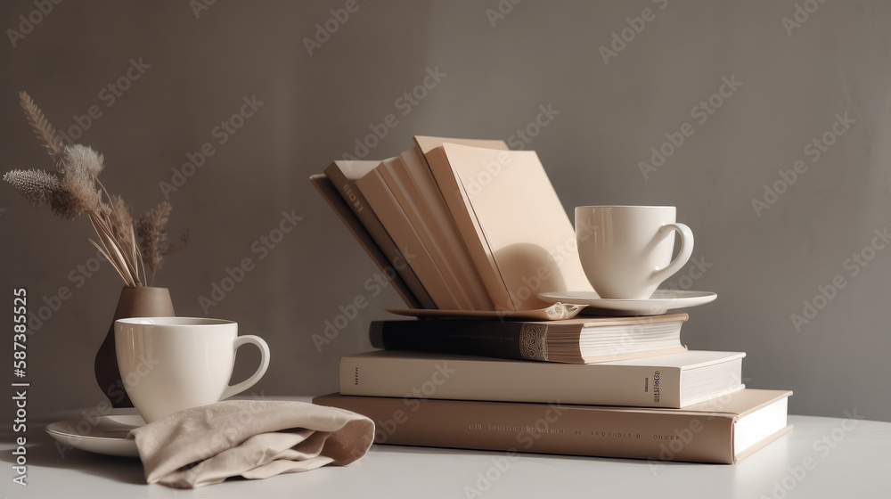 Coffee cups and books on minimalist background. Illustration AI Generative.