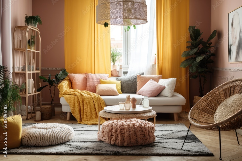 Cozy living room with circular rug and white sofa near window with bright yellow curtains. Generativ
