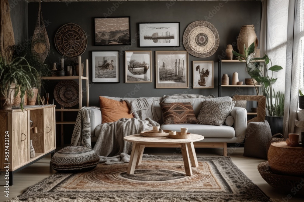 Boho living room with grey couch and posters and plates over wooden closet. Real picture. Generative