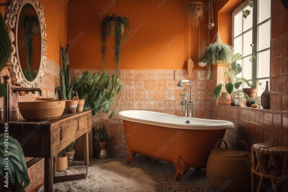 Bohemian bathroom with orange wall paper, plants, tile shower, and bathtub worktops. Generative AI