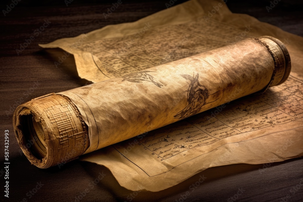 antique parchment paper on a rustic wooden surface. Generative AI