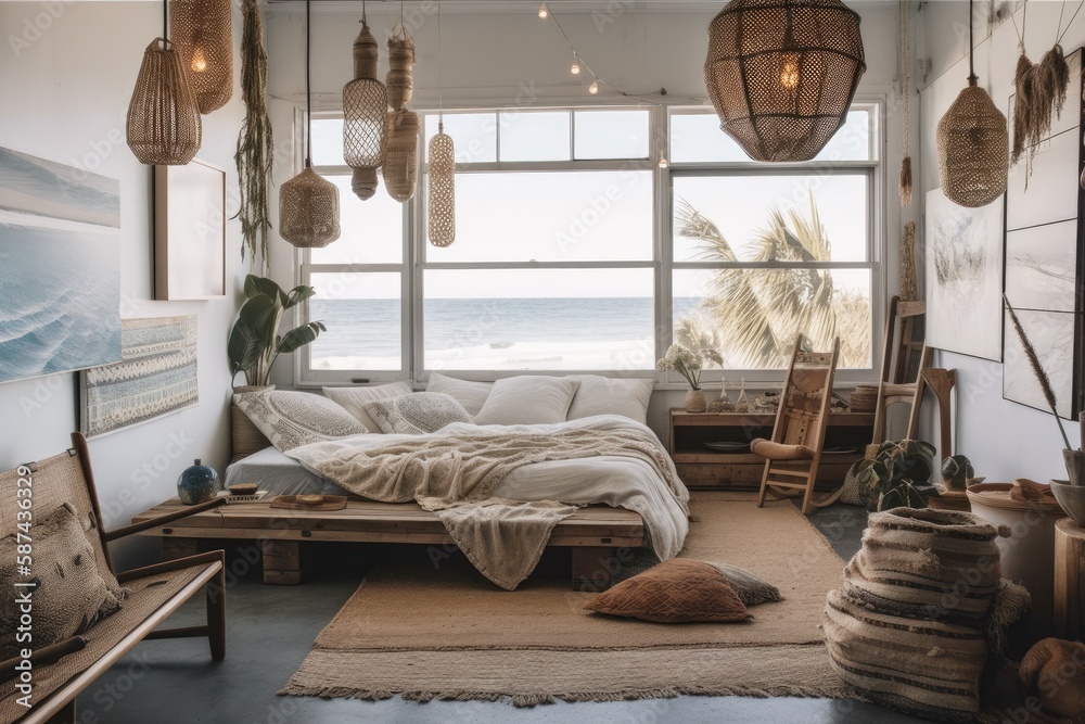 A seaside bohemian bedroom with linen pendant lights, beach themed paintings, and a wooden side tabl