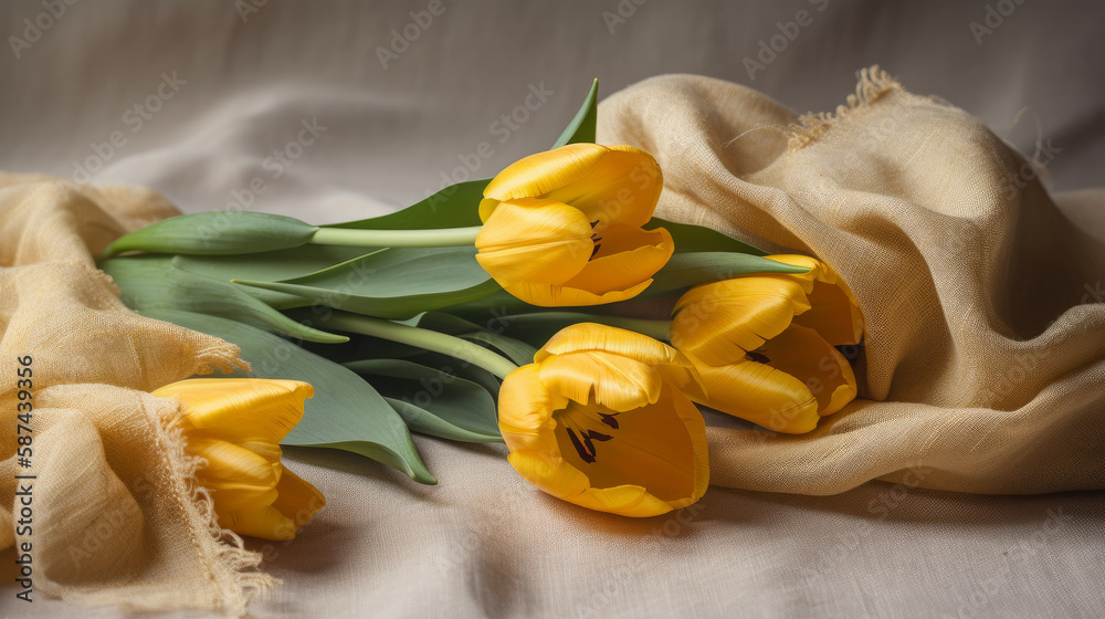 Yellow tulip background. Illustration AI Generative.
