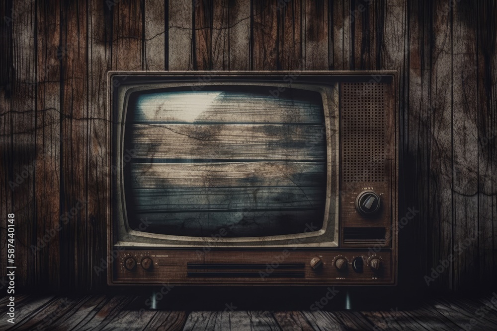 antique television set placed on a wooden floor in a room. Generative AI