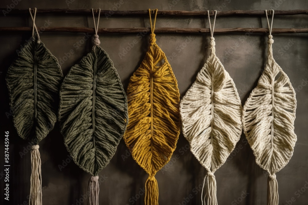 Yellow, white, green, and natural macrame leaves wall hanging on wooden pole. Decorate with cotton r