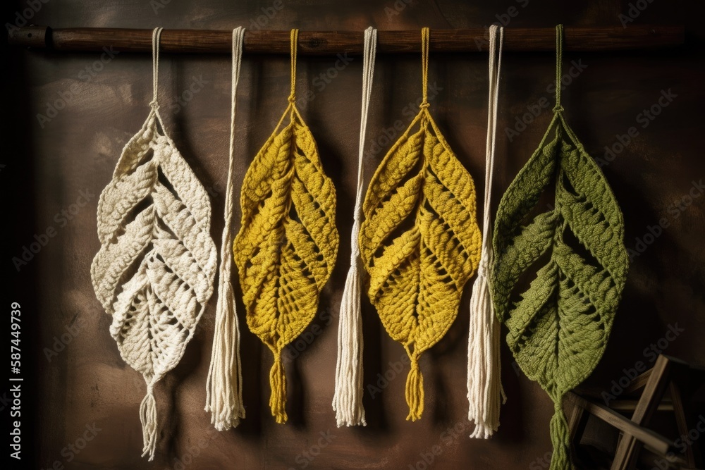 Yellow, white, green, and natural macrame leaves wall hanging on wooden pole. Decorate with cotton r